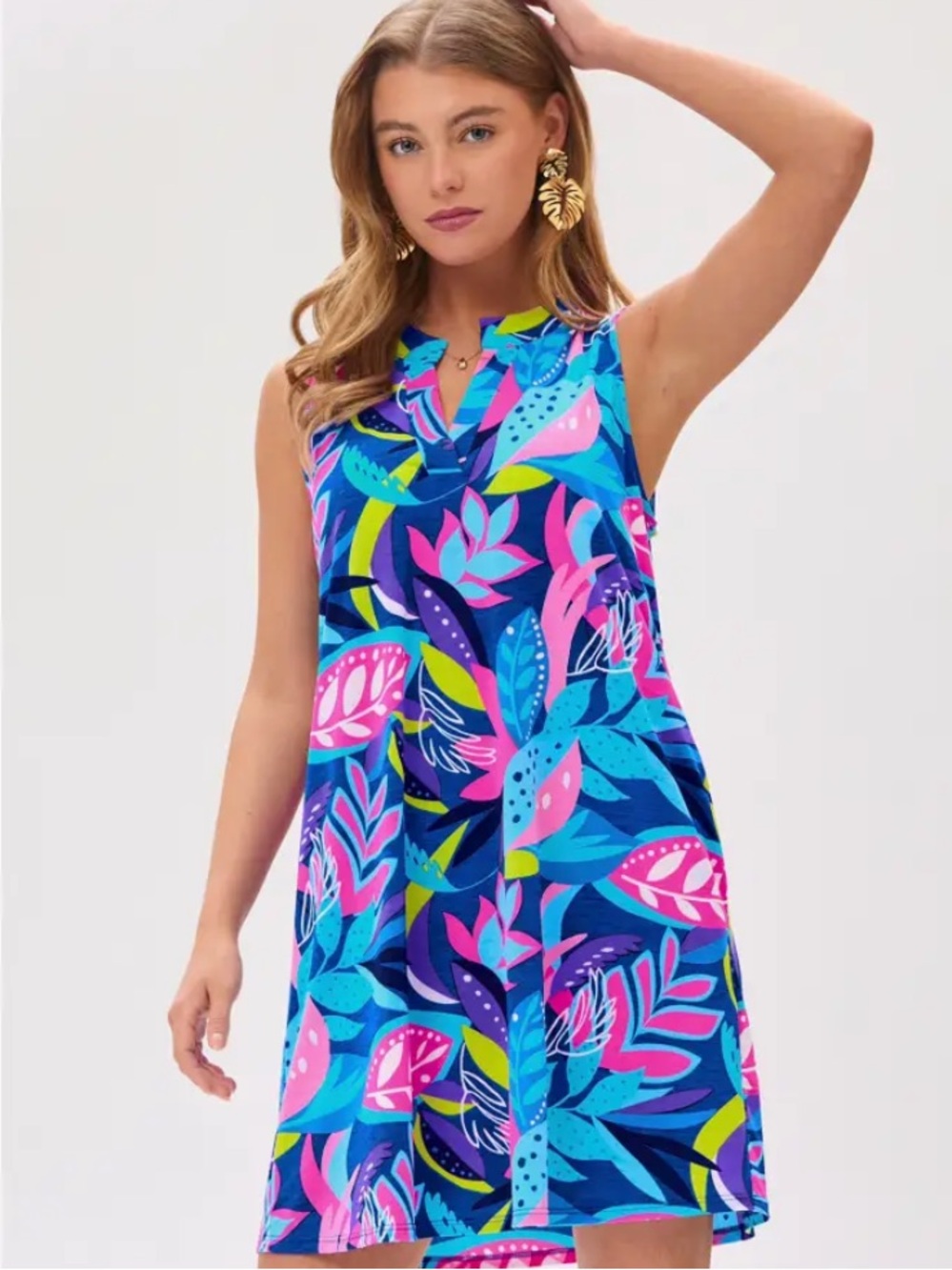 Sleeveless Blue Floral-Print Shift Dress
